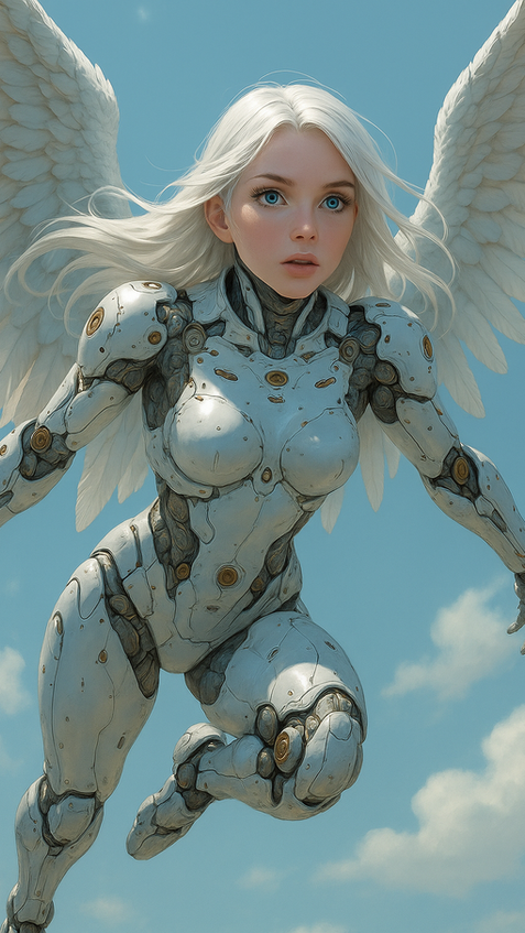 Futuristic female android in white armor standing in sky environment, sci-fi AI guardian unit