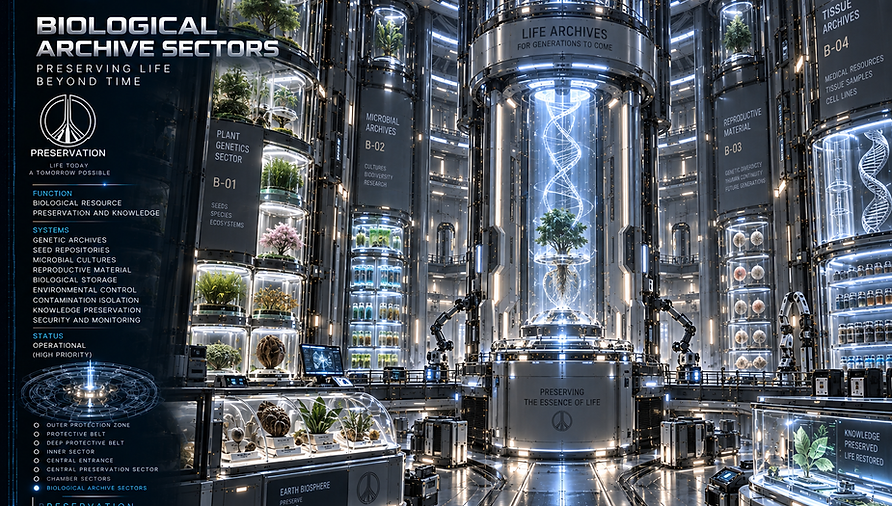 Biological Archive Sectors preserving genetic materials, biological records, medical data, and essential resources for future human continuity.