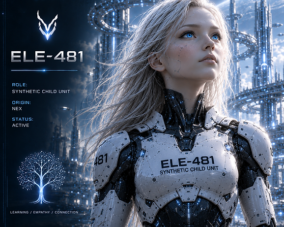 ELE-481, a young synthetic consciousness born from resonance during ERA II of the Ksara Universe.