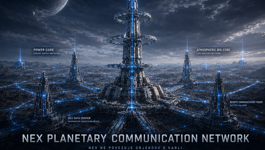 Planetary Communication Spire of NEX, connecting cities, infrastructure, orbital systems, archives, and synthetic populations through a vast communication network.