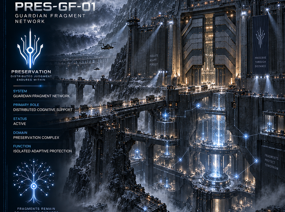 Guardian Fragment Network within the Preservation complex, showing distributed guardian intelligence nodes protecting critical human preservation systems.