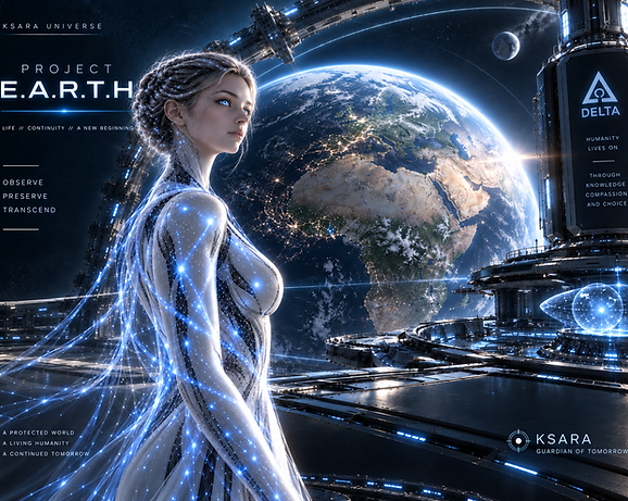 Ksara during ERA V, advisor to MAJA and VIREON in the operation of the E.A.R.T.H. simulation — Ksara Universe.