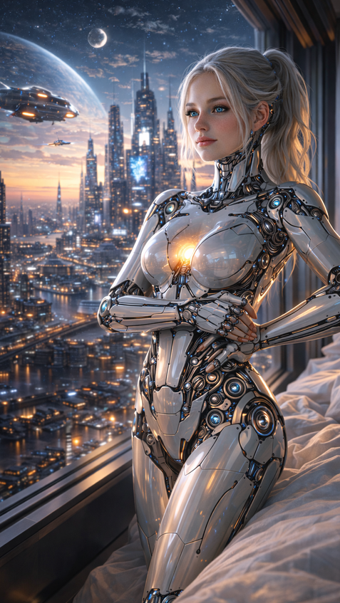 android girl in modern apartment city