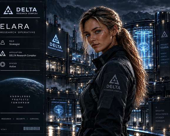 Elara in the DELTA Research Complex during ERA I of the Ksara Universe, wearing a dark DELTA research uniform.