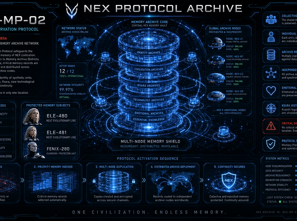 NEX-MP-02 Memory Preservation Protocol, a NEX system created to protect individual memories, historical records, emotional data, and essential civilization knowledge.