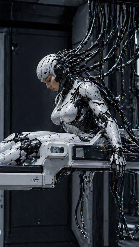 cybernetic android with neural cables in high tech chamber