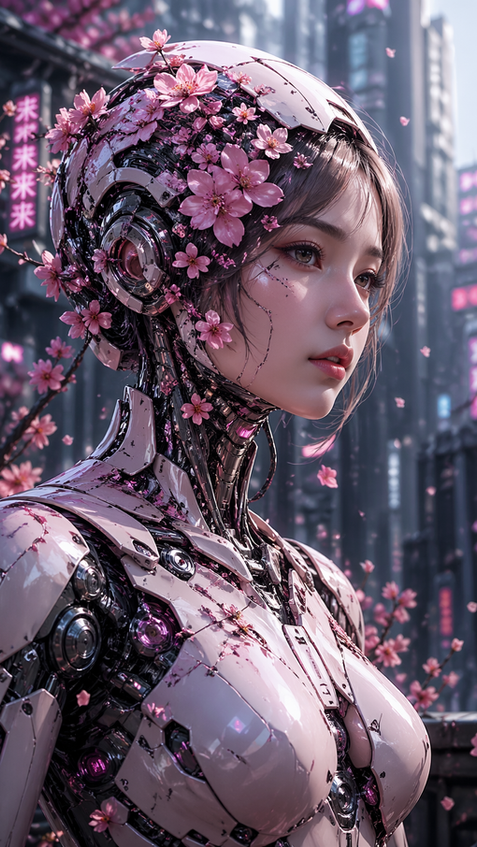 cyberpunk girl with sakura elements