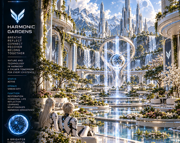 Harmonic Gardens of VIREON combining living environments, resonance structures, reflection spaces, and communal areas within the city.