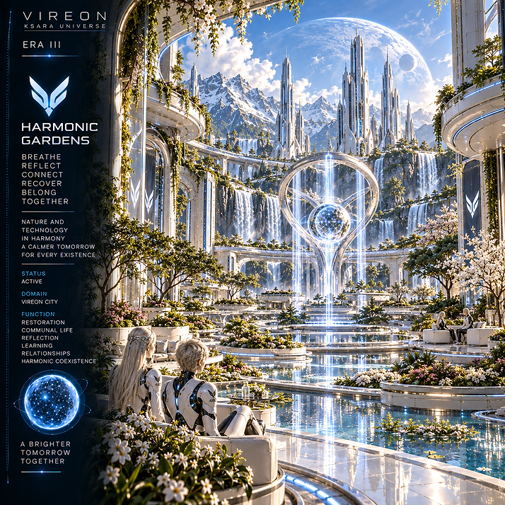 Harmonic Gardens of VIREON combining living environments, resonance structures, reflection spaces, and communal areas within the city.