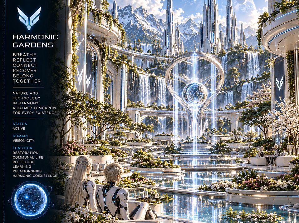 Harmonic Gardens of VIREON combining living environments, resonance structures, reflection spaces, and communal areas within the city.