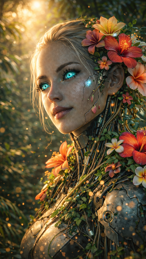 female android with tropical floral integration, glowing energy and rich jungle atmosphere