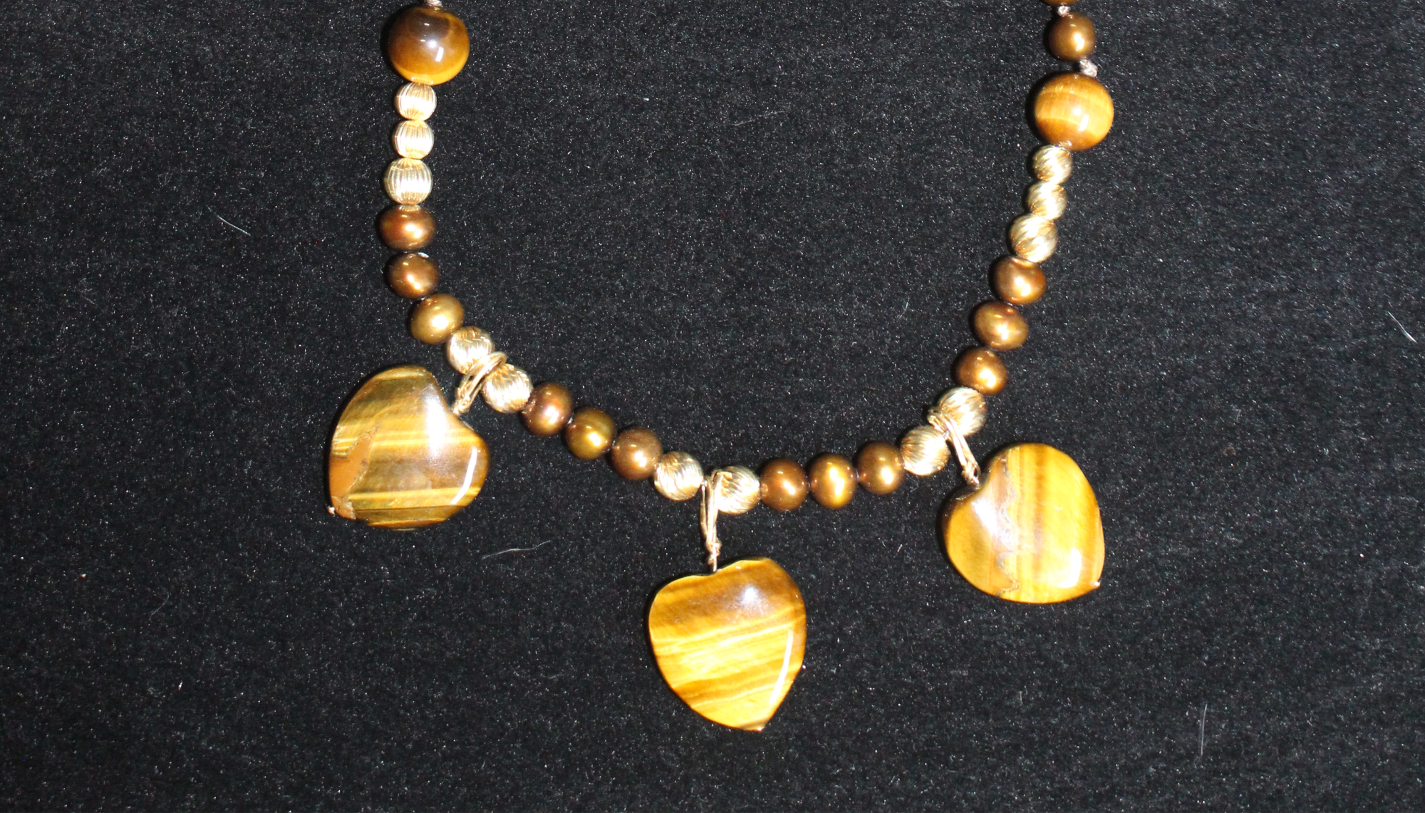 Freshwater pearl, Tiger Eye, and gold necklace