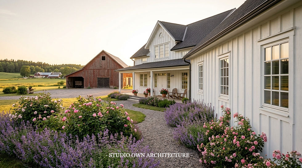 White farmhouse with porch and pink-purple flower garden beside a red barn in a quiet rural sunset landscape.