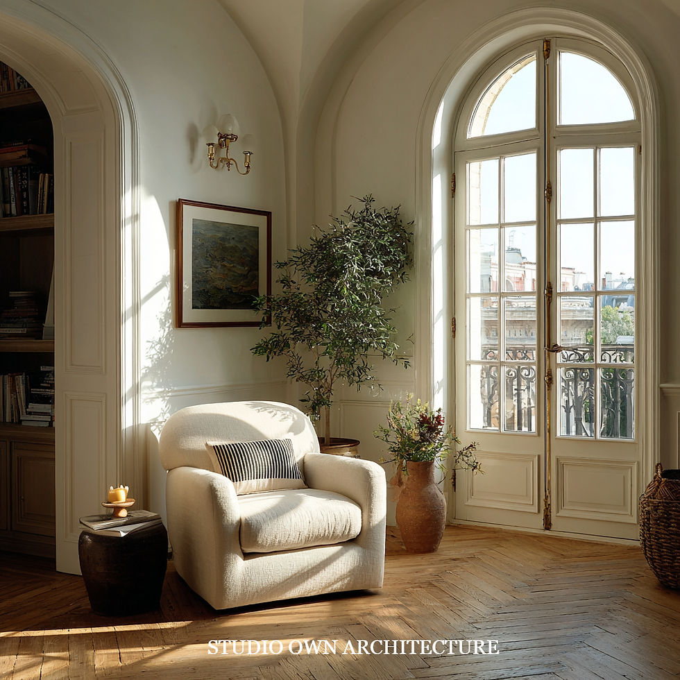 Cozy room with a plush armchair, potted plant, and large arched window. Sunlight casts shadows on wood floor. Peaceful ambiance.