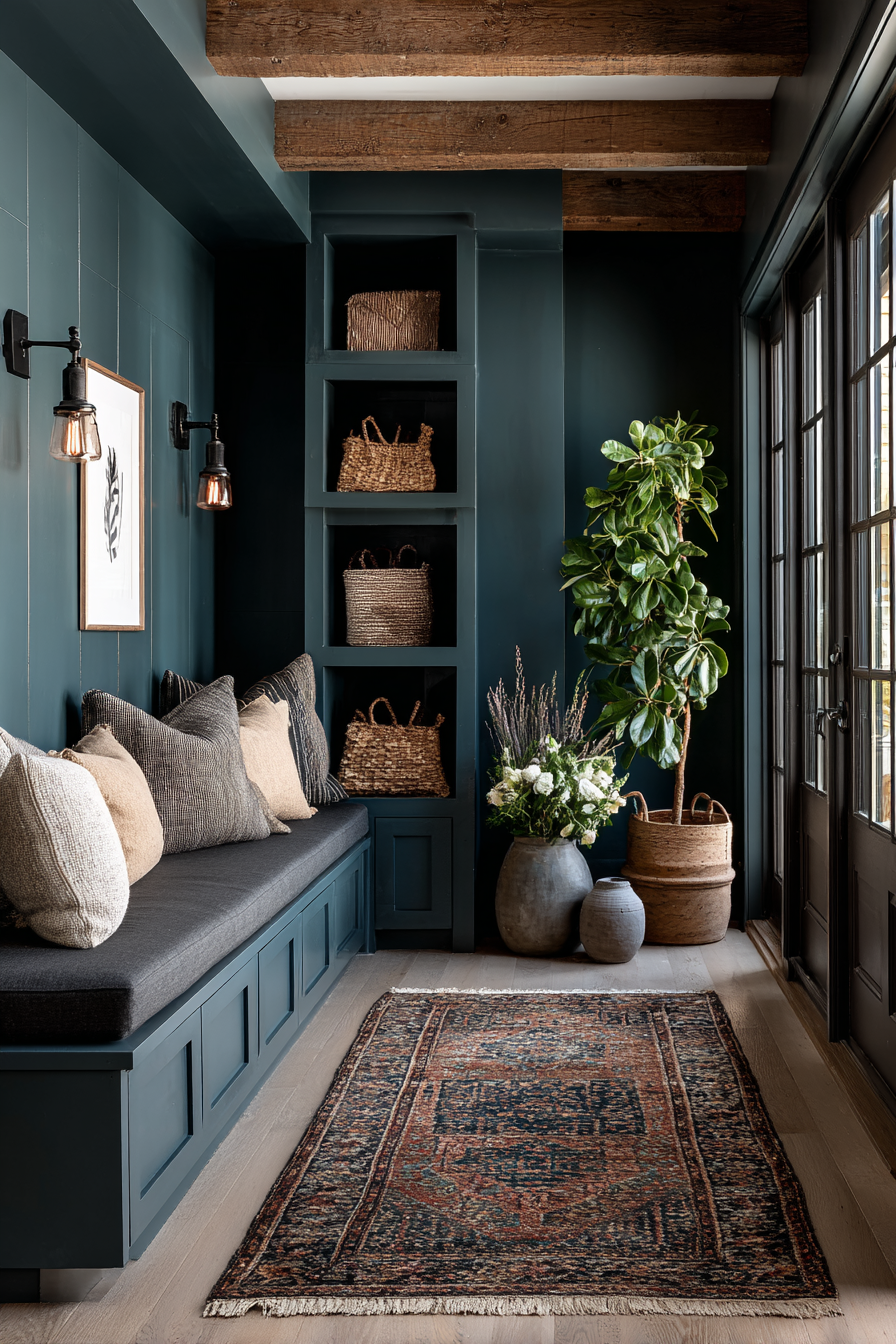Cozy nook with teal walls, bench with pillows, and baskets. A plant and vases on the floor. Wooden beams and patterned rug add warmth.