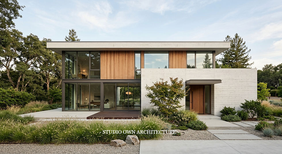 Modern two-story house with wood and white concrete facade, large windows, landscaped yard.