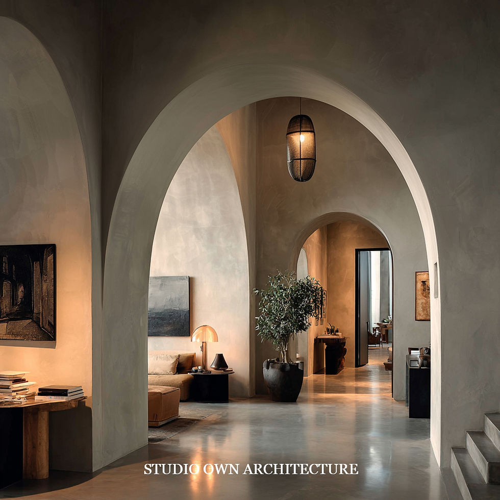 Elegant interior with arched doorways, a cozy sofa, warm lighting, and a potted plant. Earthy tones create a calm and inviting atmosphere.