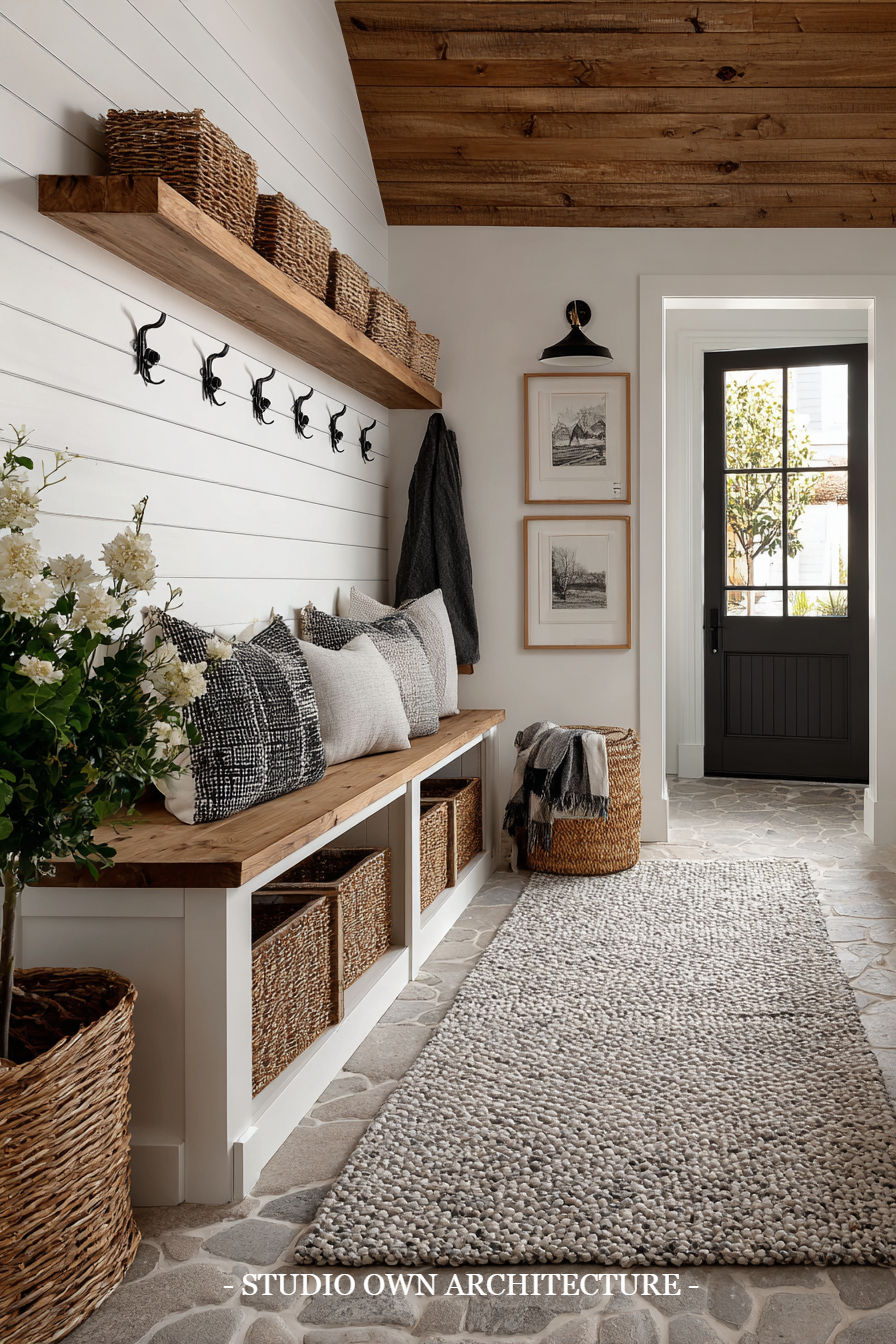 Cozy mudroom with bench, pillows, woven baskets, and coat hooks. Light wood ceiling, white walls. Framed art, plants, and door view outside.