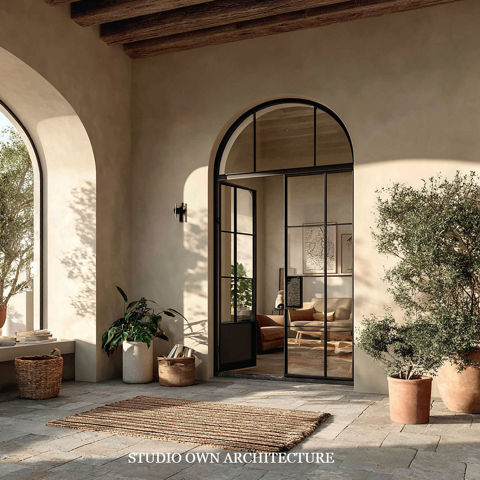 Arched glass door in a sunlit room with plants and wicker baskets. Beige walls, wooden ceiling beams, rustic rug, and a cozy, serene atmosphere.
