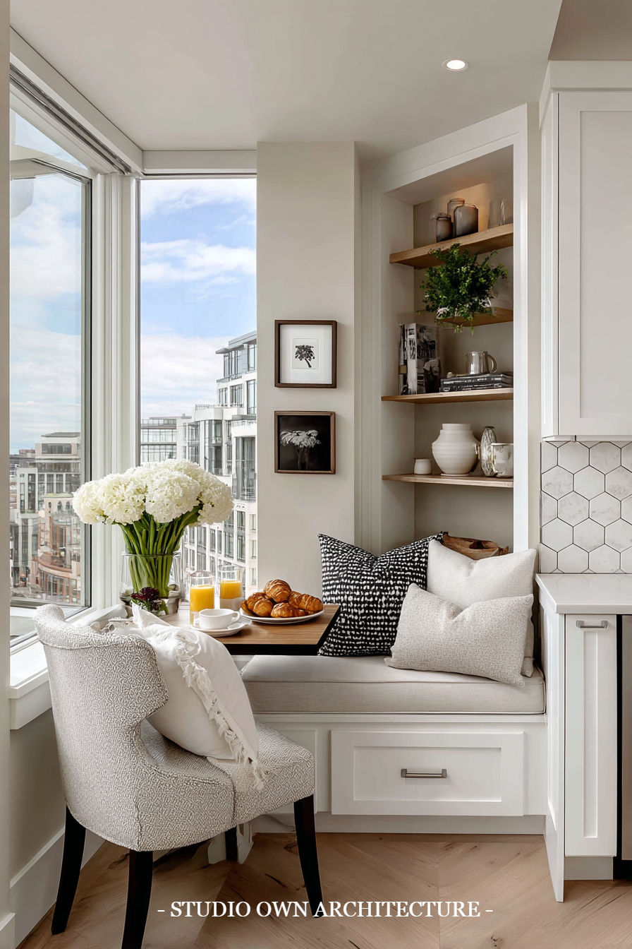 Cozy breakfast nook with croissants, juice, and white flowers. Cushioned chair, patterned pillows, and city view. Calm, inviting vibe.