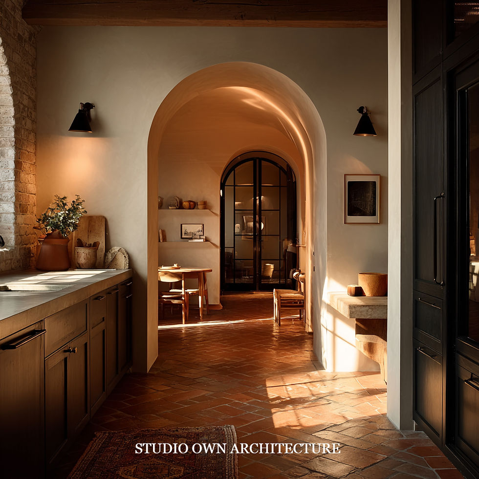 Sunlit kitchen with terracotta tiles, an archway, and rustic decor. Warm tones create a cozy, inviting atmosphere. No visible text.