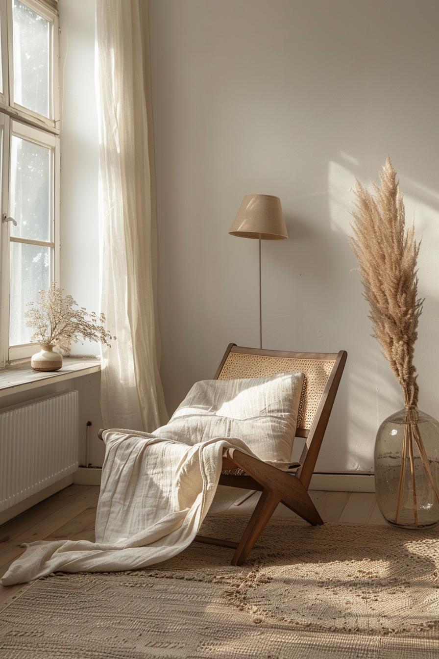 Cozy room with a wooden chair draped in beige fabric, pampas grass in a vase, sunlight through a window, and a woven rug. Minimalist decor.
