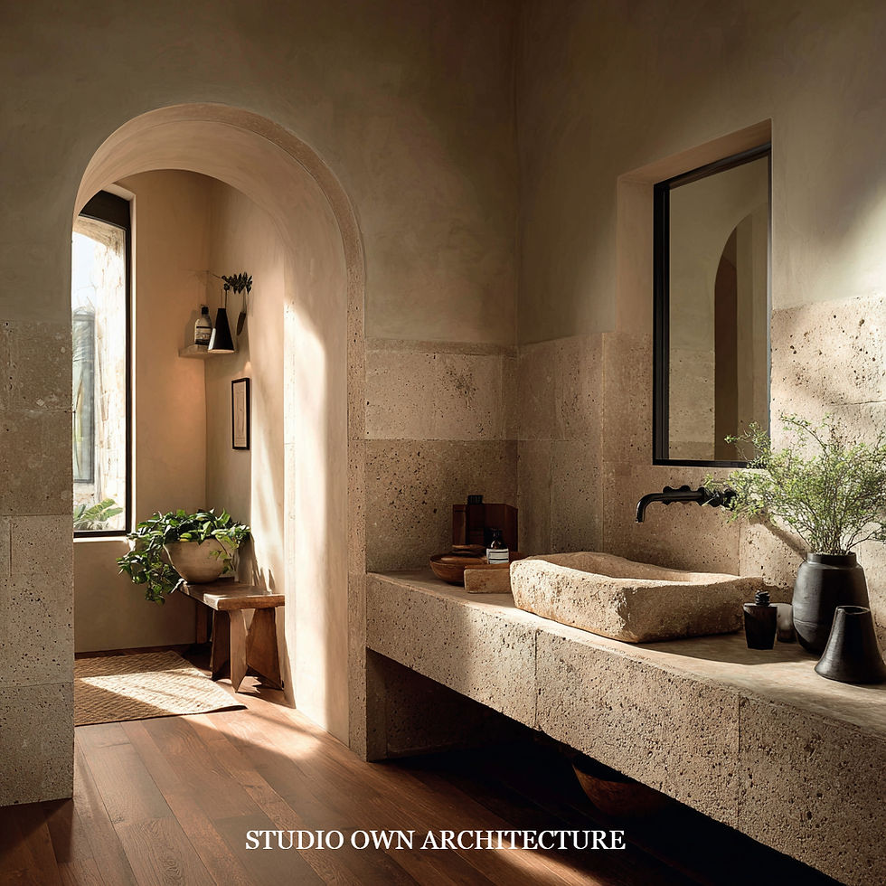 Elegant bathroom with stone sink, dark faucet, and potted plants. Sunlit rustic walls, arched window, and wooden floor create a serene ambiance.