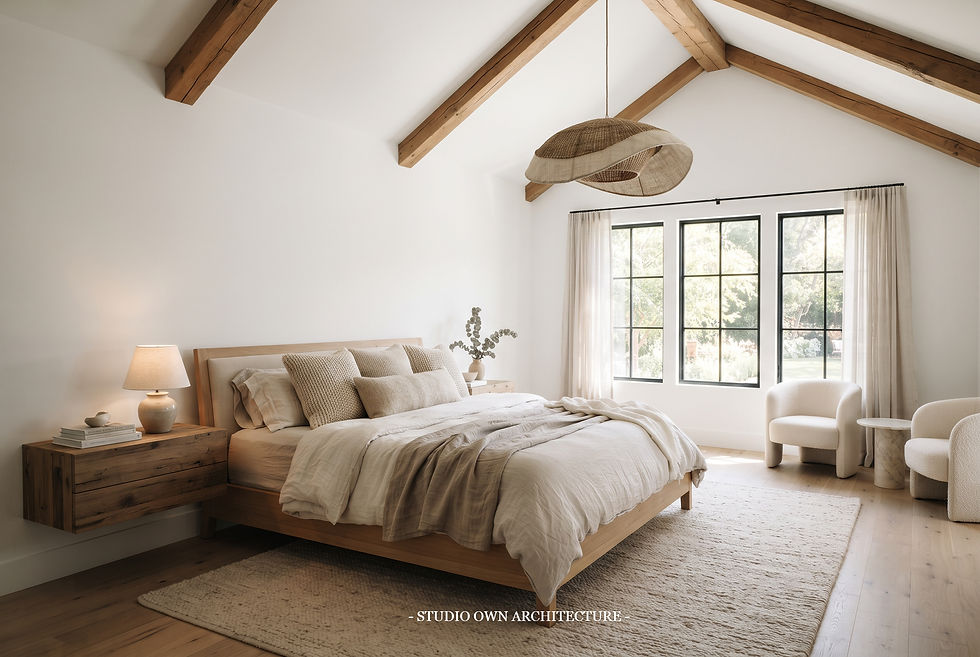 Serene modern bedroom with wood beams, beige bed, woven pendant, lounge chairs.