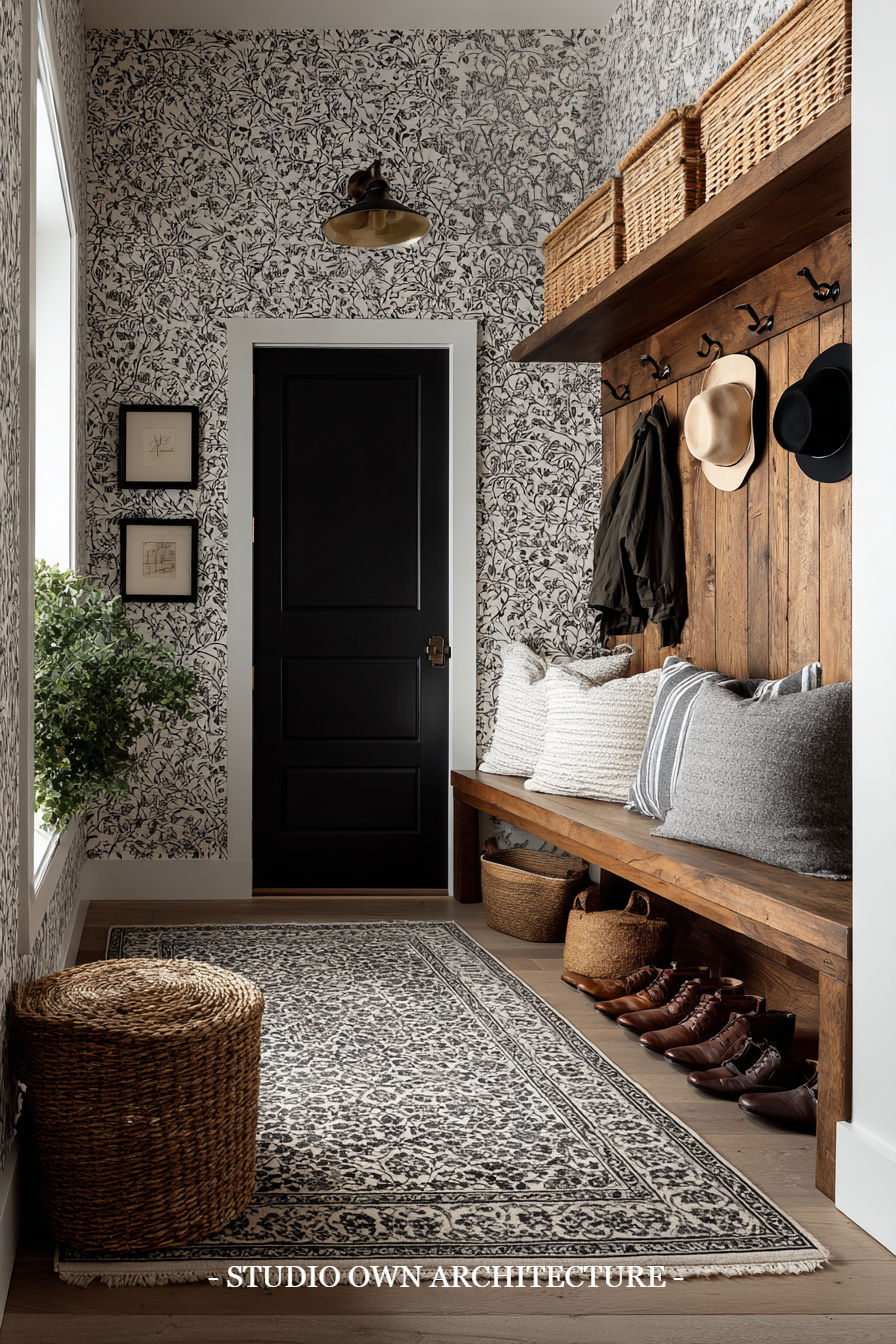 Cozy entryway with black floral wallpaper, a bench, pillows, hats, basket, and shoes. Black door, leafy plant, patterned rug, calm mood.