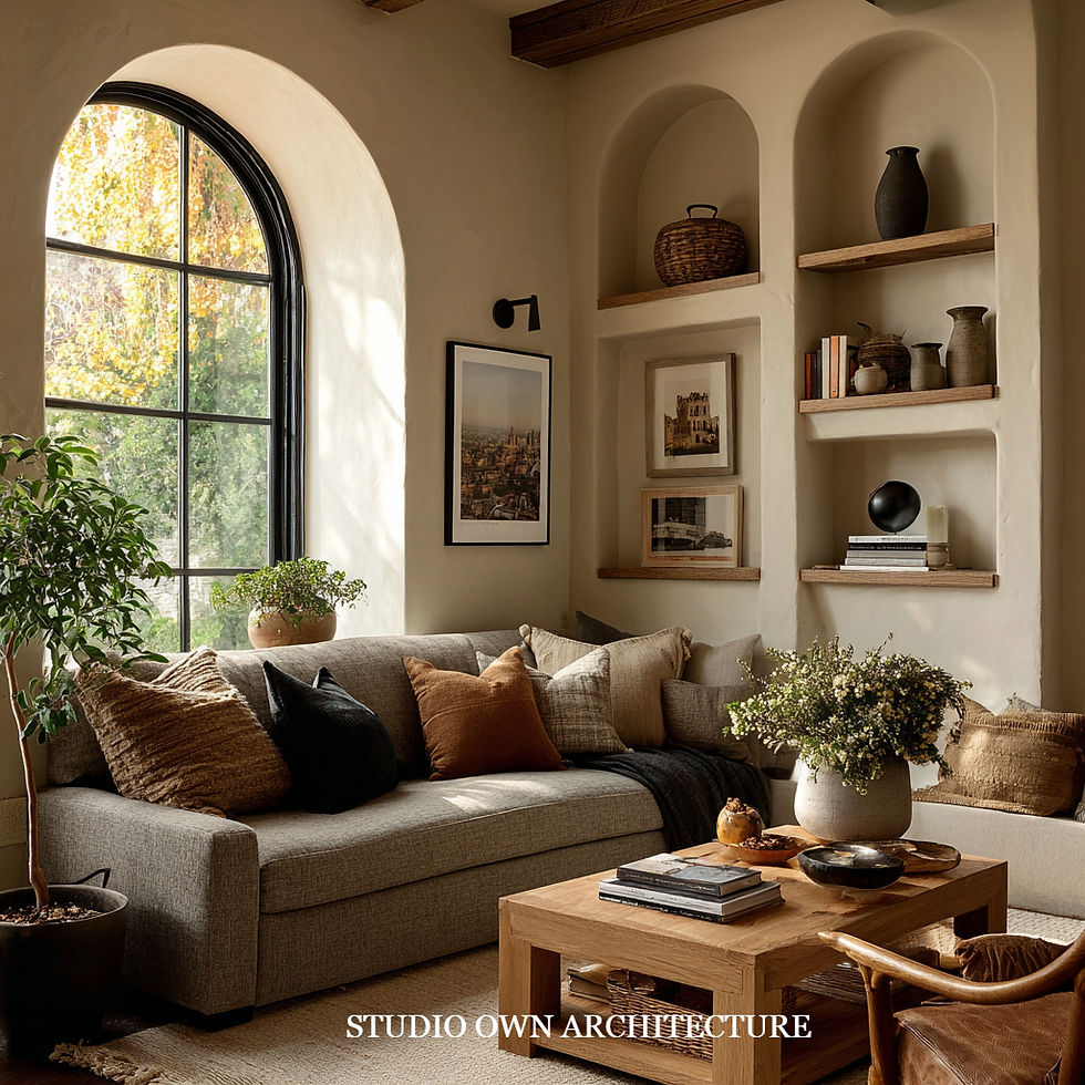 Cozy living room with a gray sofa, assorted pillows, and a wooden coffee table. Sunlit arched window, shelved decor, and framed art.