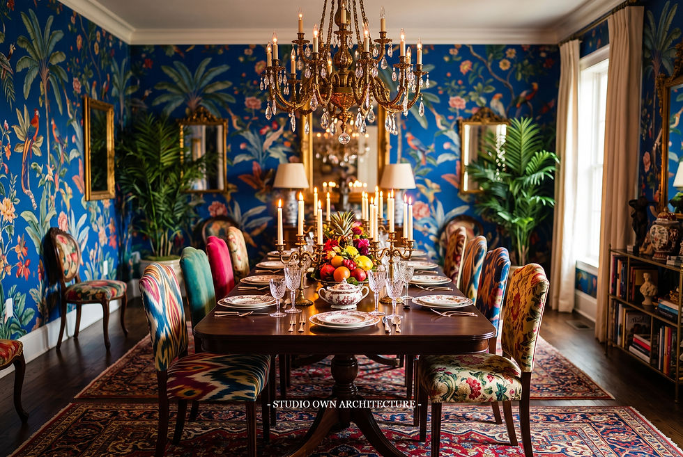 Elegant dining room with blue tropical wallpaper, chandelier, lit candles, fruit centerpiece, and colorful patterned chairs