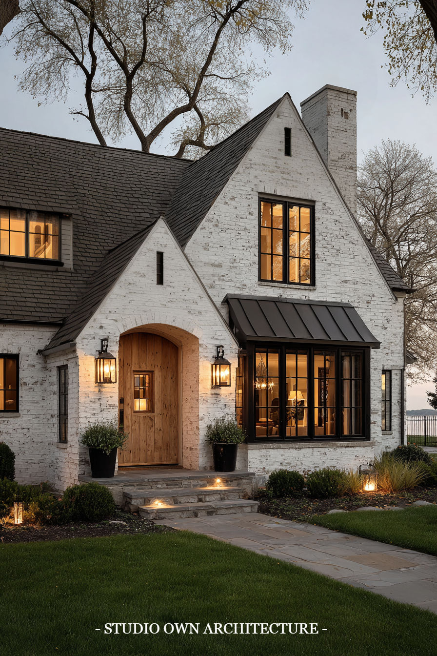Charming brick house at dusk with warm lights glowing from windows, situated in a lush green garden. Cozy and inviting atmosphere.