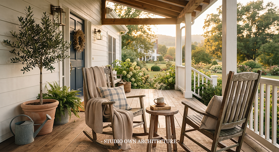 Cozy farmhouse porch with two rocking chairs, plaid pillow, blanket, tea cup, and garden view at golden hour.
