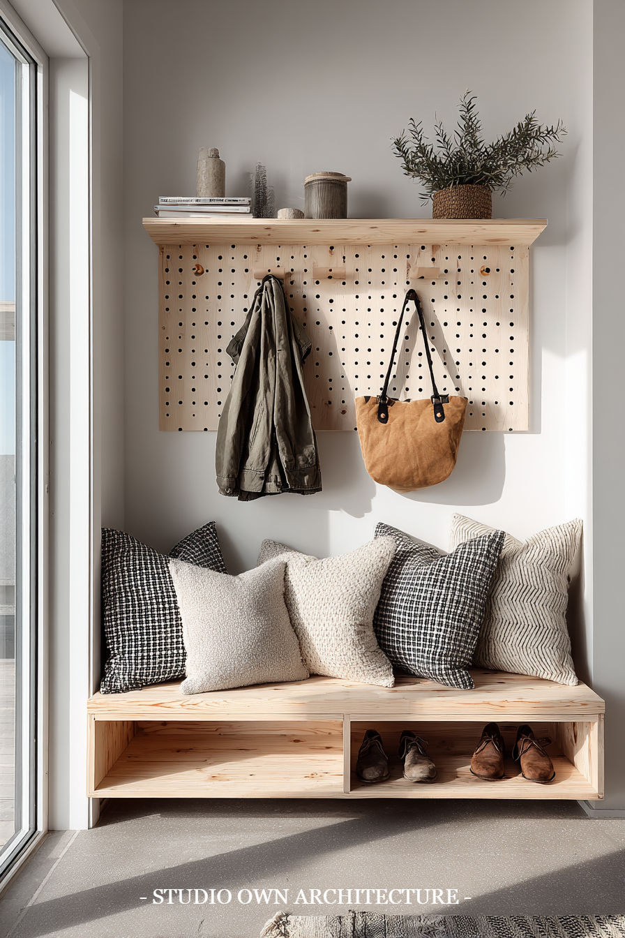 Scandi-style entryway with a pegboard holding a coat and bag, bench with textured cushions, shoes below. Bright, airy mood.