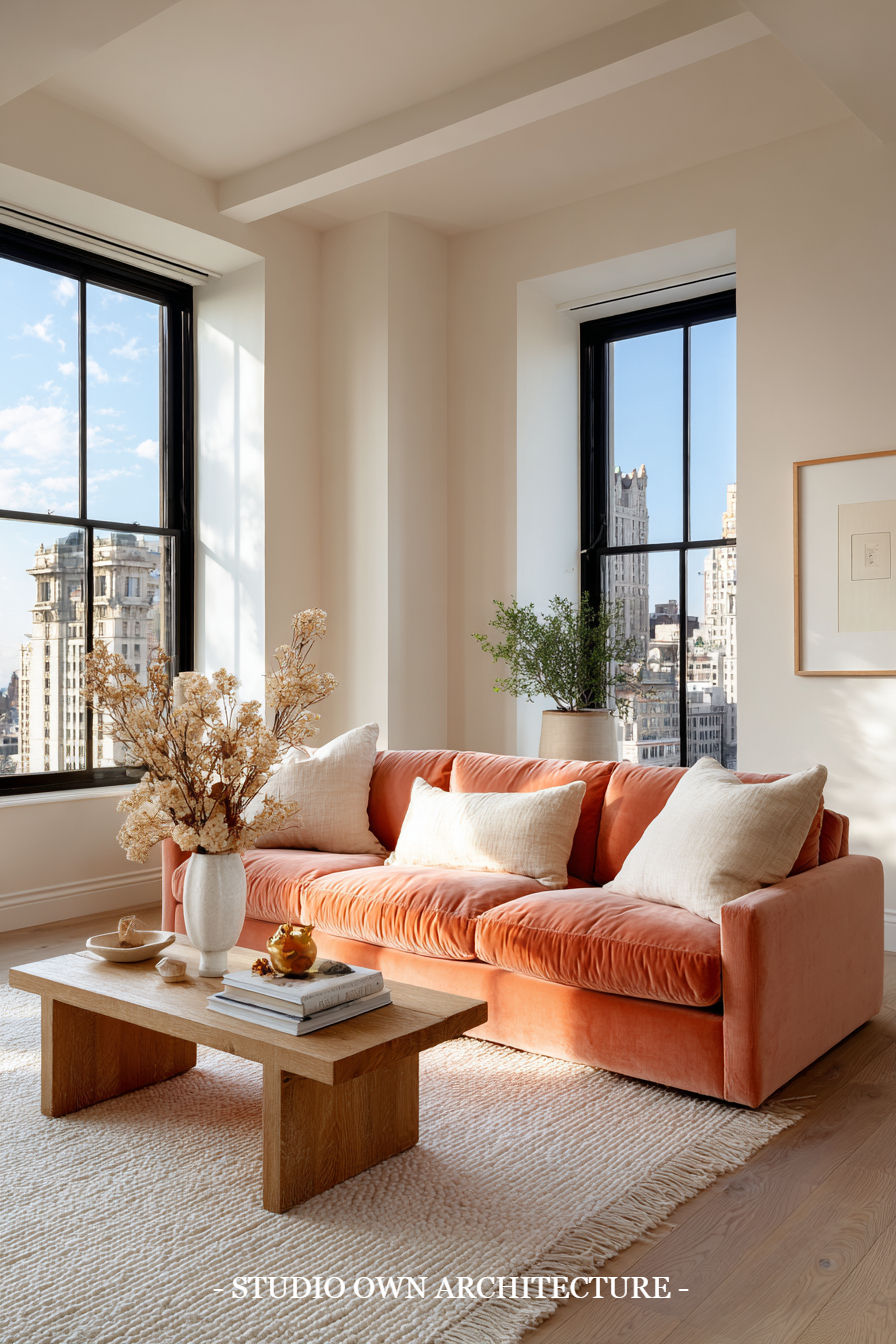 Sunlit living room with an orange sofa and beige pillows, wooden coffee table with books, vase of dried flowers, city view through large windows.