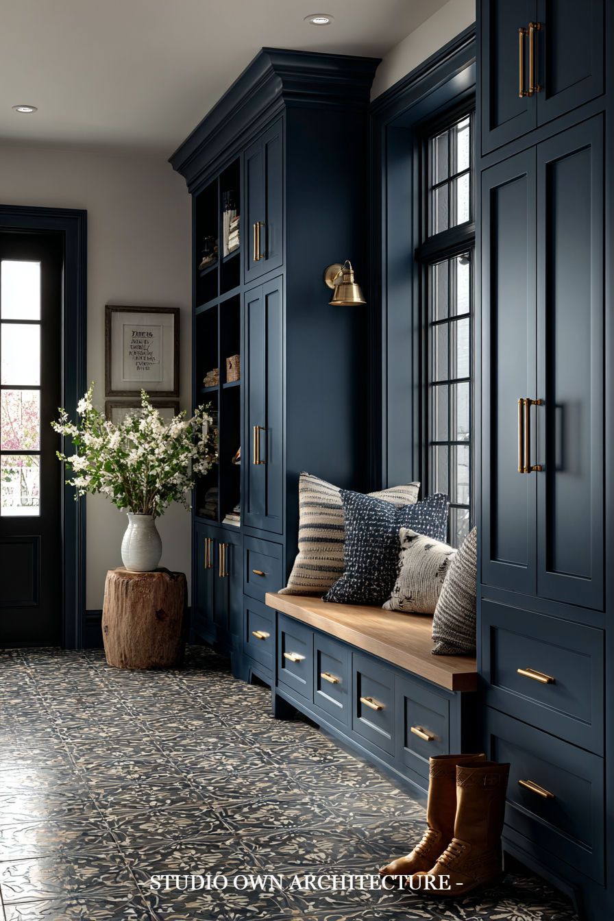 Navy cabinets, patterned floor, bench with cushions, vase of flowers on stump, brown boots.