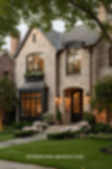 Brick house with large arched windows, green lawn, and pink flowers. Lit lanterns by the door create a welcoming atmosphere.