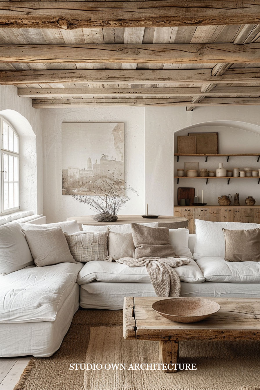 Rustic living room with a white sofa, beige cushions, a wooden coffee table, and woven decor. Wooden beams and shelves add warmth and charm.