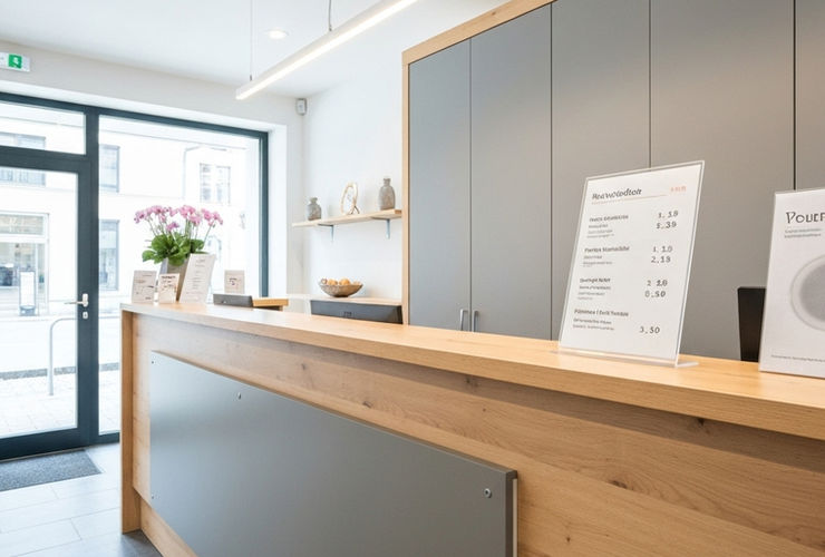 A bright and welcoming reception area of a modern fitness center in Payerne showing a transparent price list on the counter