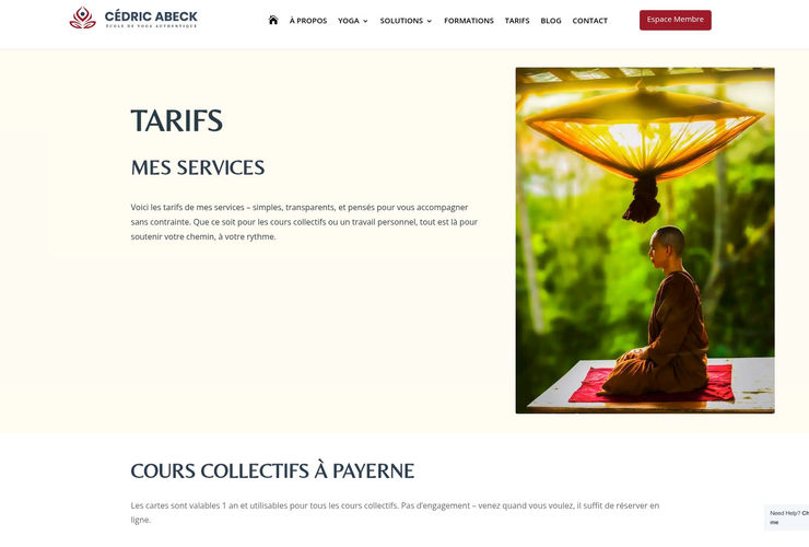 Screenshot of Cédric Abeck pricing page showing the sliding scale for yoga class cards