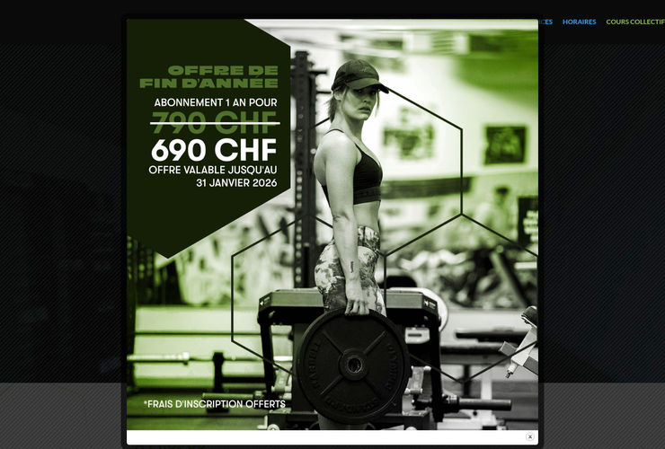 screenshot of gym-factory.ch or letsgofitness.ch homepage showing opening hours