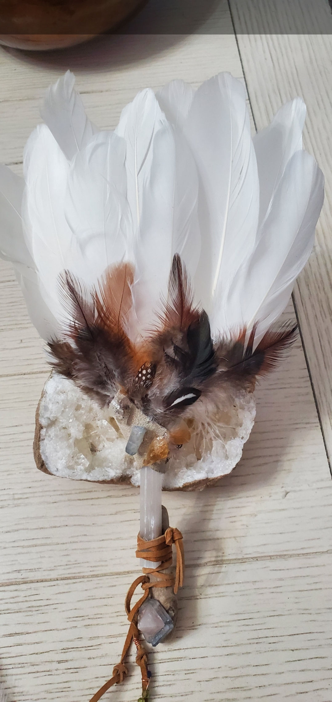 The "Jaymie" Ceremonial Crystal Selenite Feather Smudging Wand