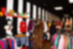 Customers shopping in the Secondhand Circus location, highlighting one customer in a vintage fur coat, showcasing the unique design and branding of the in-person retail store. You can see the selection of unique vintage clothes, upcycled clothes, and unique accessories and decor.
