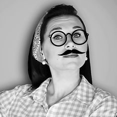 Woman wearing fake mustache