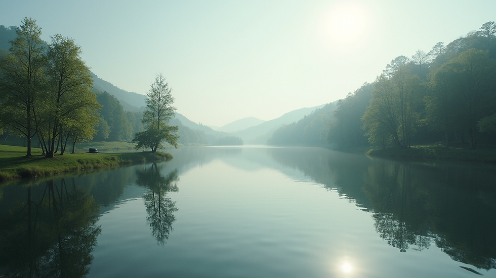 Close-up view of a serene landscape with a calm lake and trees