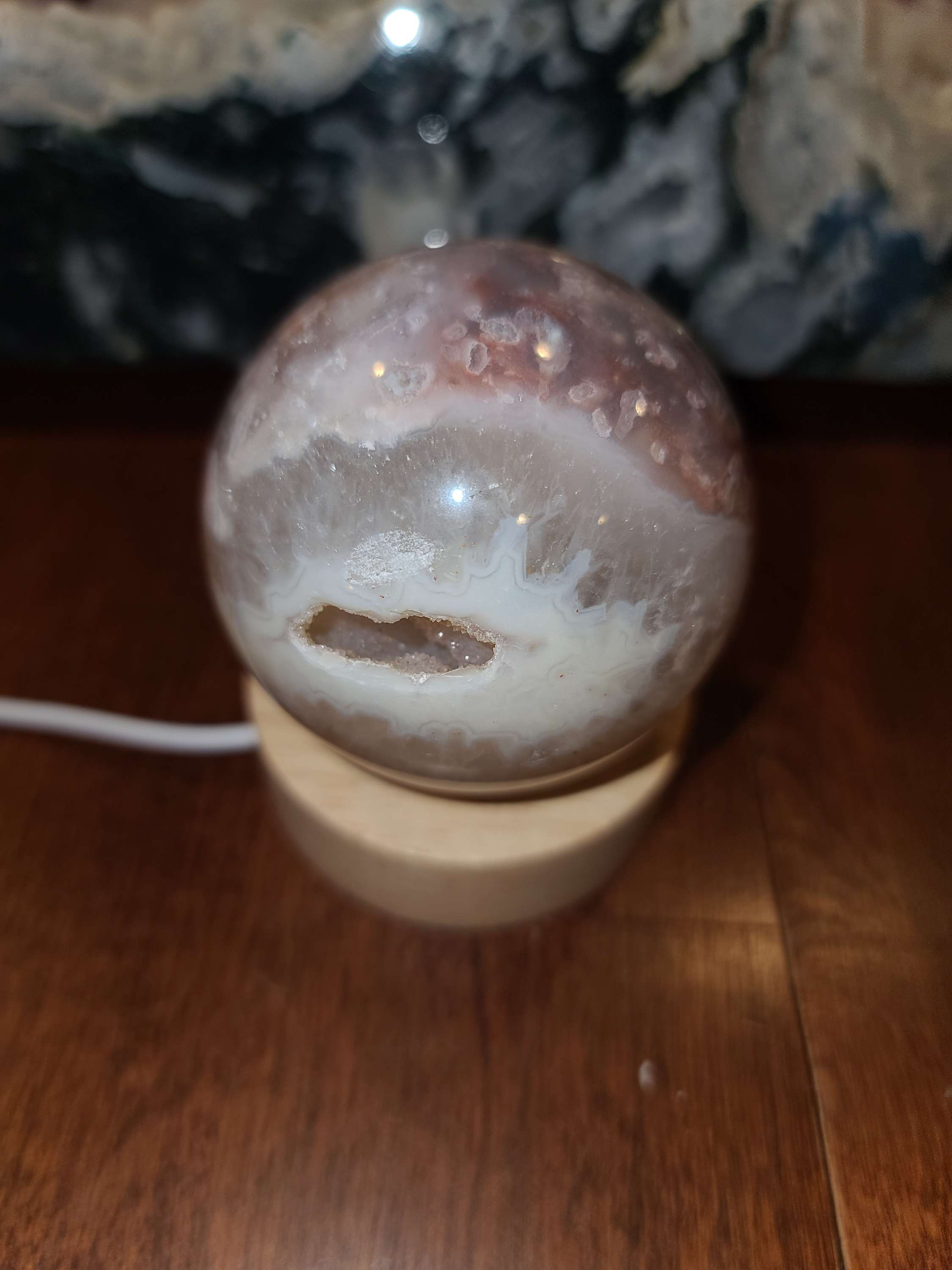 Amazing pink Sakura Agate with pink amethyst druzy sphere