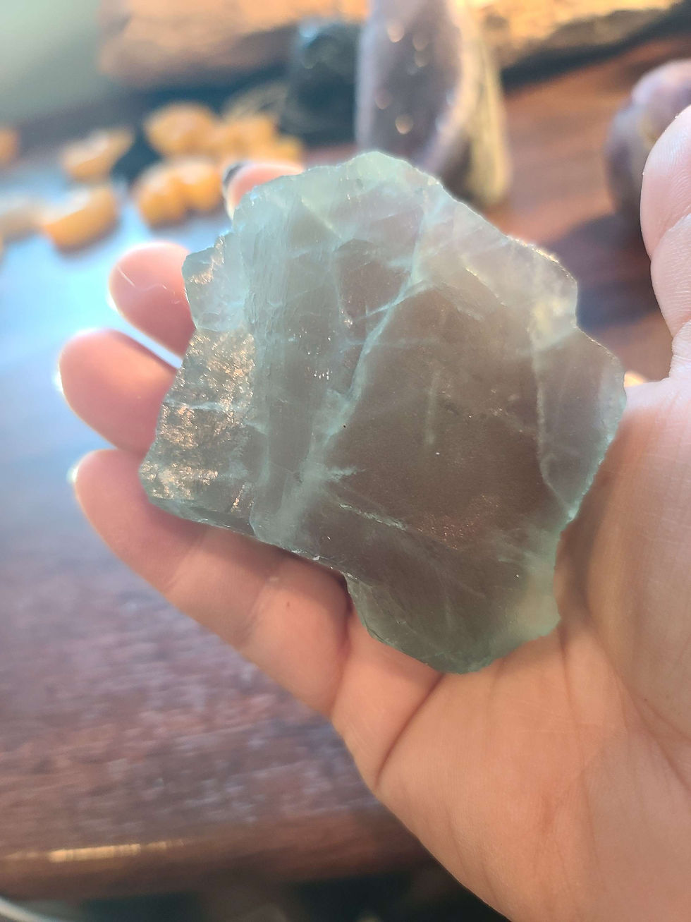Thumbnail: Teal fluorite crystal with snow raw specimen freeform