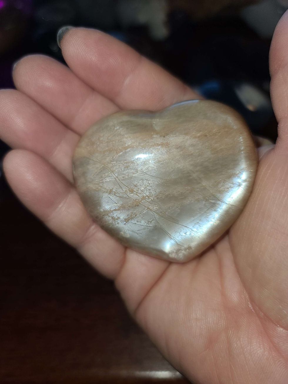 Thumbnail: Peach Moonstone crystal heart with silver flash