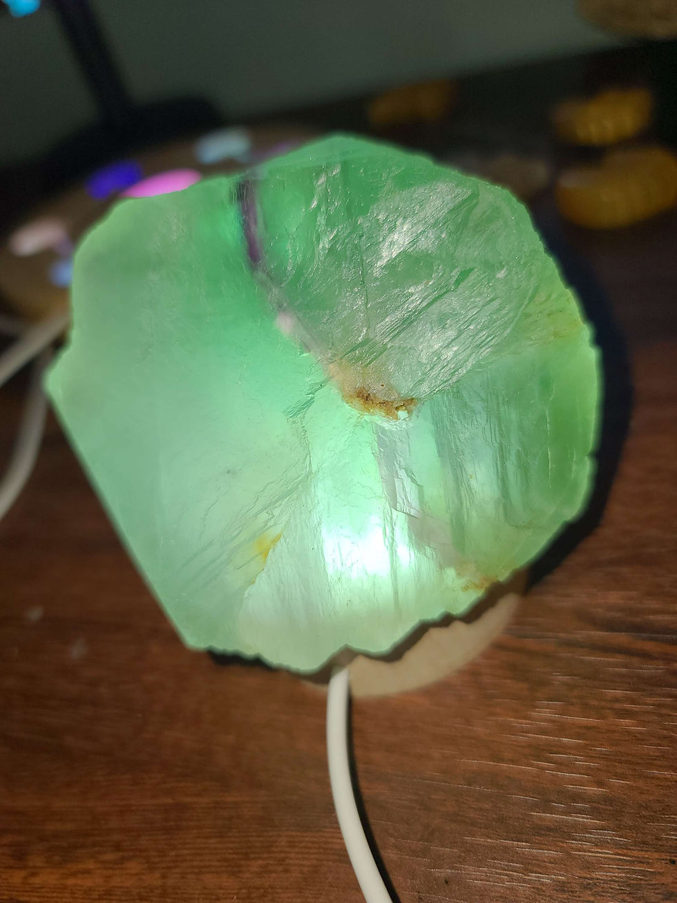 Thumbnail: Big chunky raw cube of teal green fluorite crystal with purple striation 