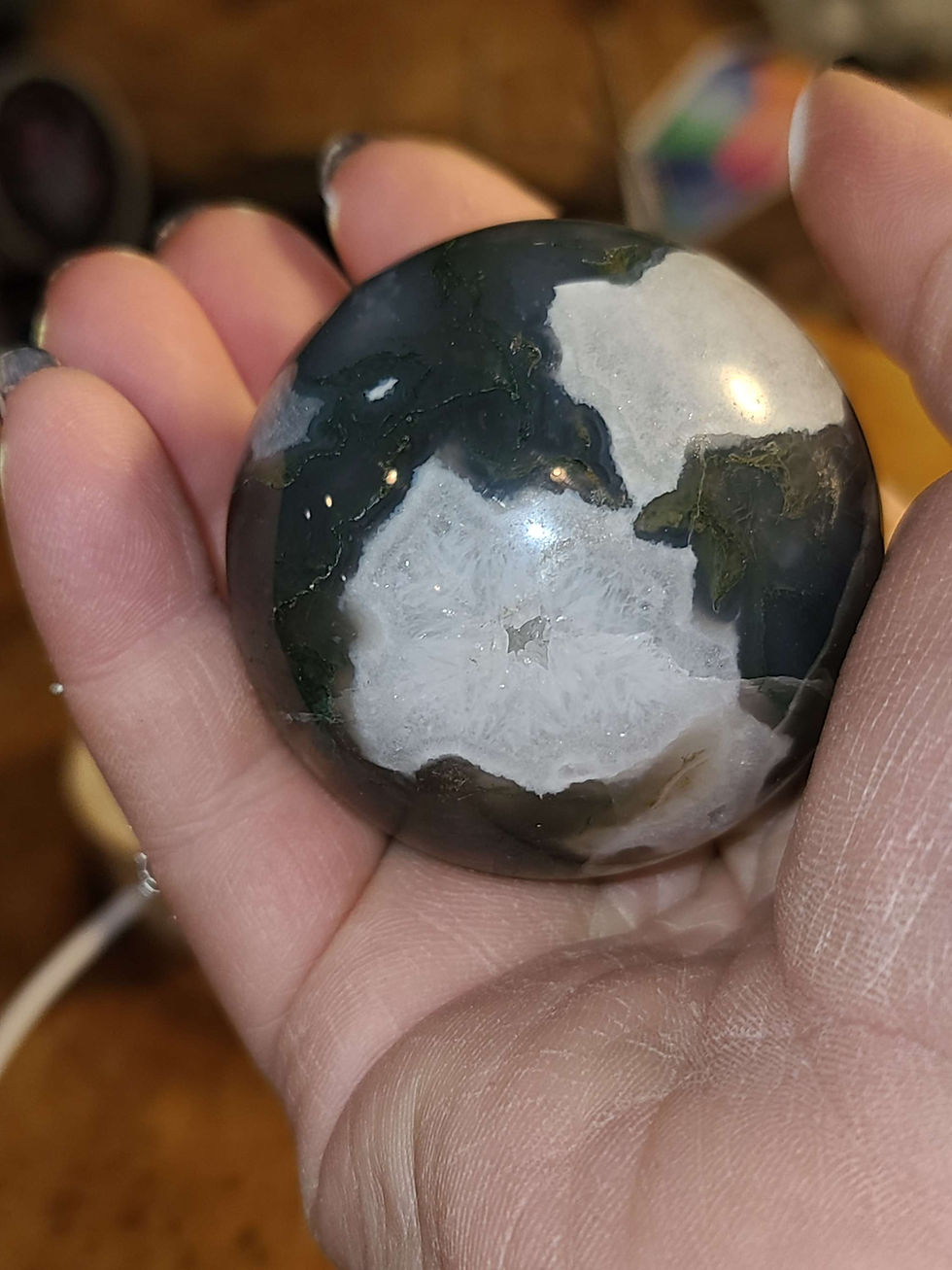 Thumbnail: Druzy moss agate crystal sphere 